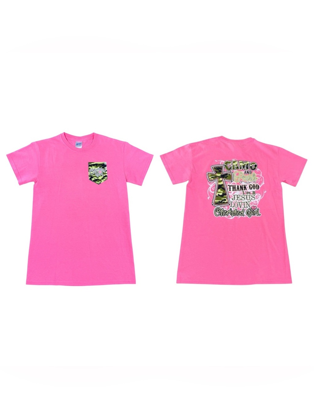 Cherished Girl “Camo & Pearls” Christian Graphic Tee Pink